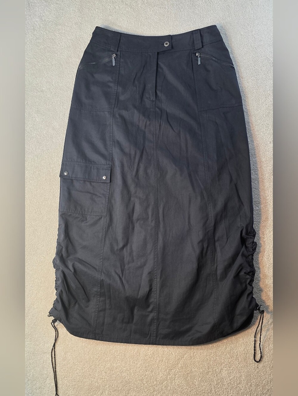 Camaieu Y2K Black Midi Skirt Utility Cargo Adjustable Drawstring Hem Size 8